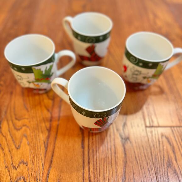 Four Fitz And Floyd Holly Hat Snowman Christmas Coffee Mugs Tea Cups Set of 4 - Picture 1 of 16